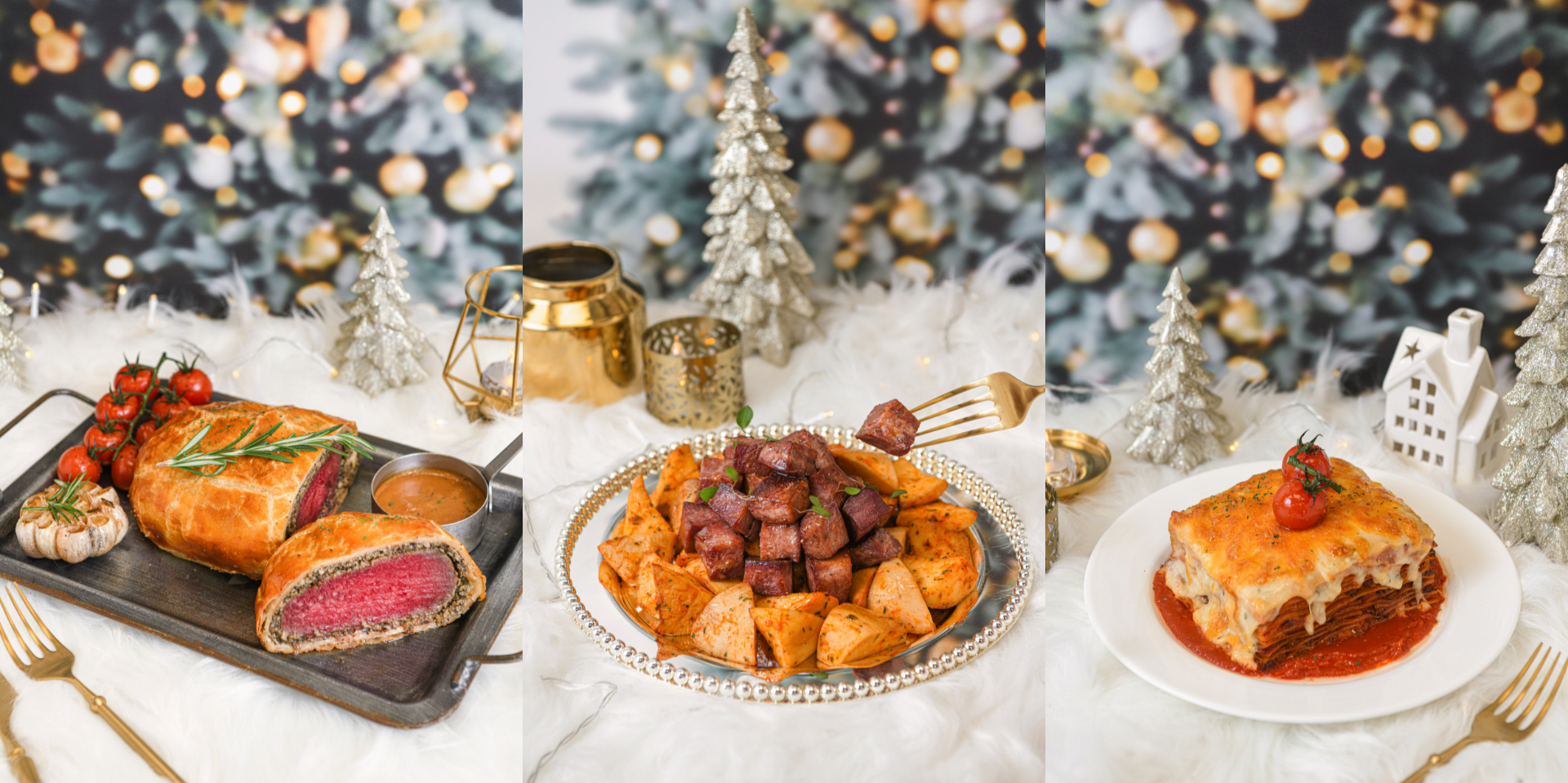 Three festive dishes displayed on a white surface, with Christmas decorations in the background.