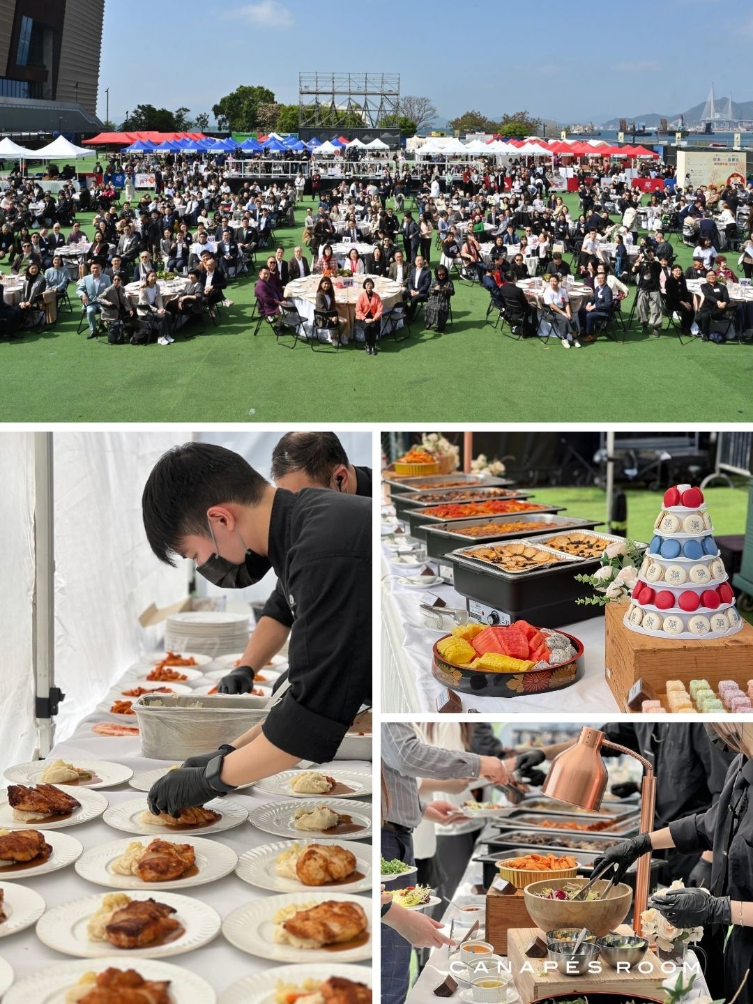 Outdoor event: Guests seated at tables on grass; catering staff serving food from buffet.