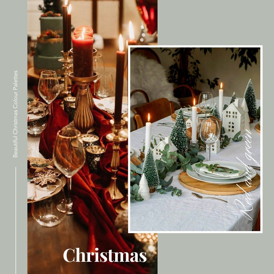 Two Christmas table settings: one with burgundy runner, candles, and cake; the other with trees and greenery.