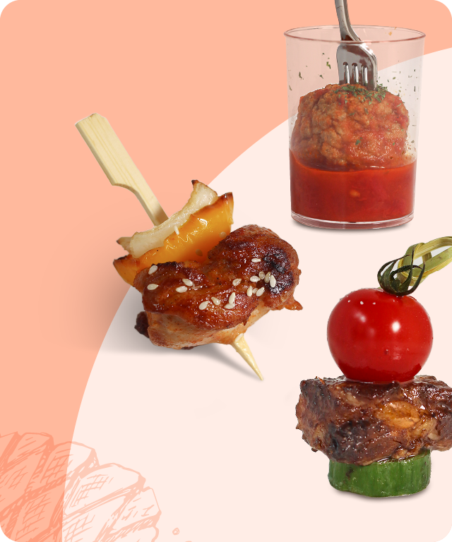 Appetizer skewers: meatball in tomato sauce, grilled meat with pear, and meat with tomato.