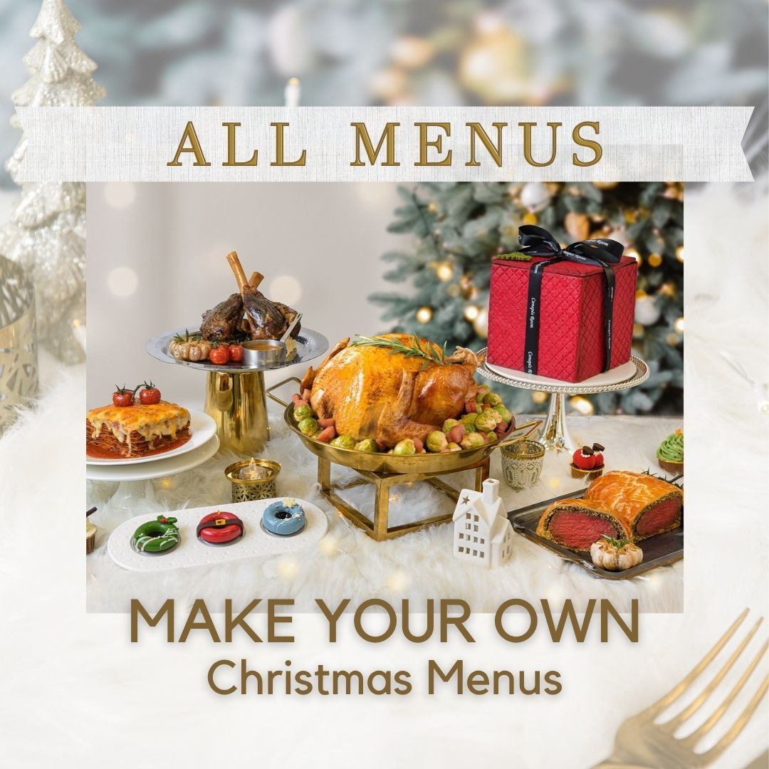 Christmas menu options, festive food spread: roast turkey, lamb, cake, pastries, and more.