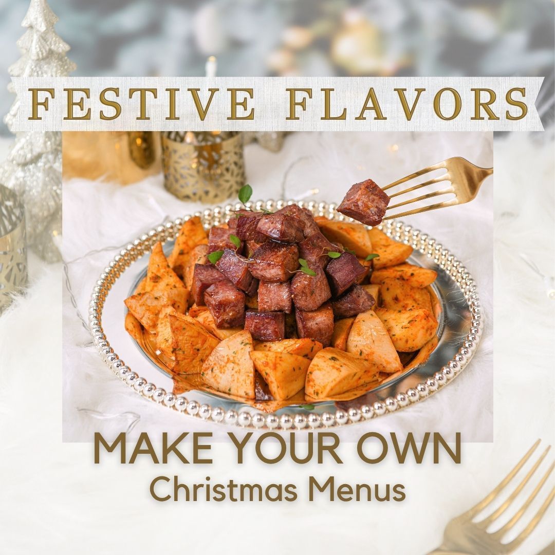 Christmas Catering menu ad: plated roasted meat and potatoes with festive decorations.