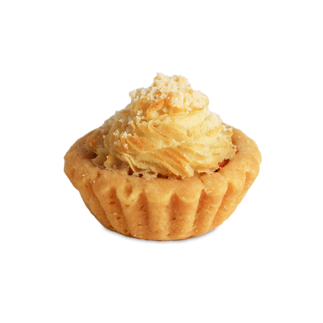 Small, fluted pastry tart filled with light-yellow, fluffy cream and sprinkled crumbs.