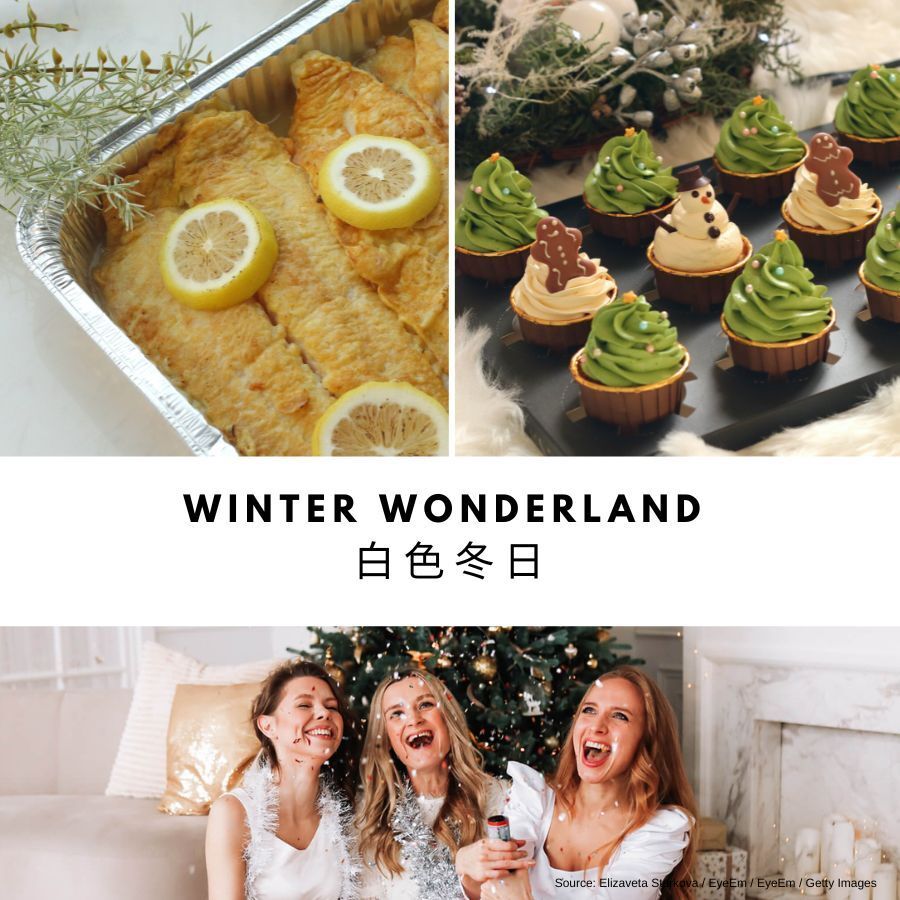 Holiday food: Fried fish with lemon, tree cupcakes, and three laughing women near a Christmas tree.