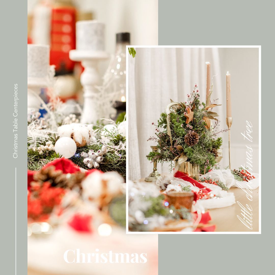 Christmas table centerpiece with candles, berries, and greenery in a soft, festive setting.