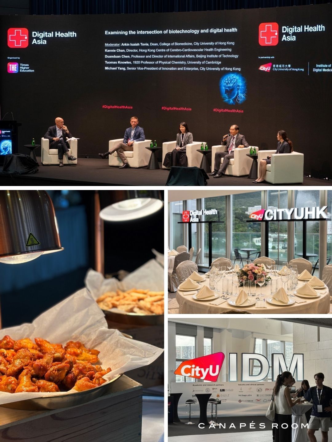 Panel discussion on a stage; food display; event reception at CityU HK.
