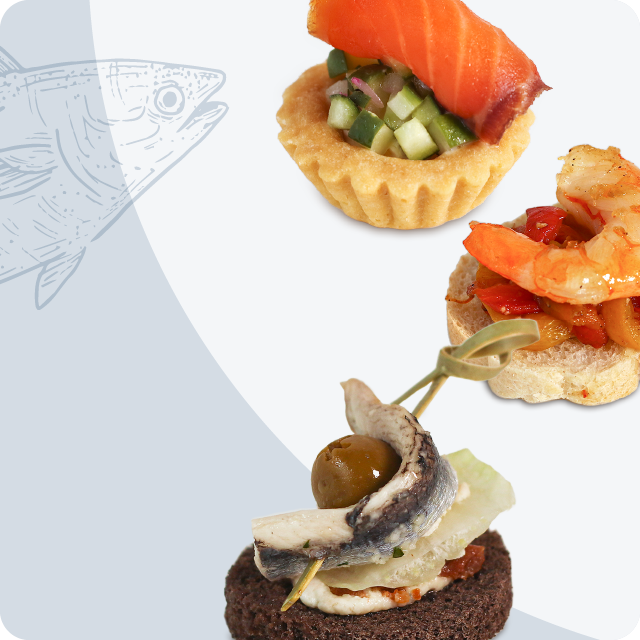 Seafood appetizers: salmon tartlet, shrimp on toast, sardine skewer.