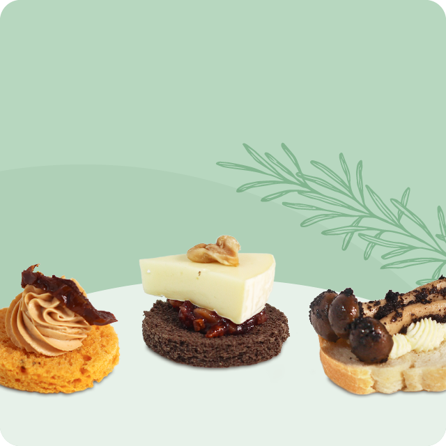 Three hors d'oeuvres: a cheesy bite with bacon, a cheese and tomato cracker, and a mushroom crostini.
