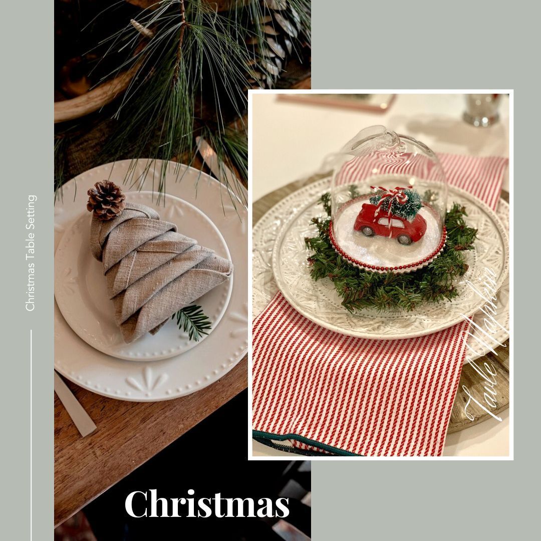Christmas table settings: Tree-shaped pastry and car figurine on festive plates, greenery, red stripe napkins.