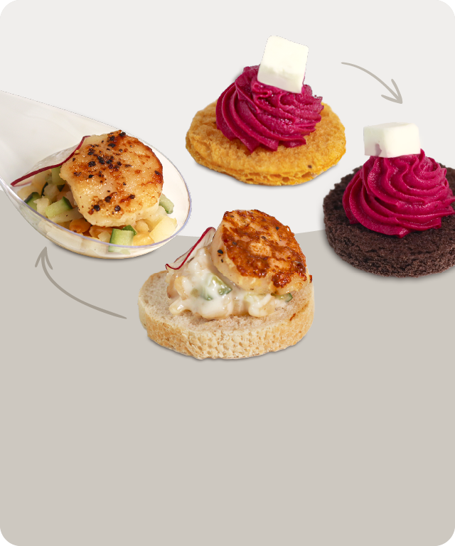 Appetizers: Seared scallops, beet hummus with feta, on bread and spoons.