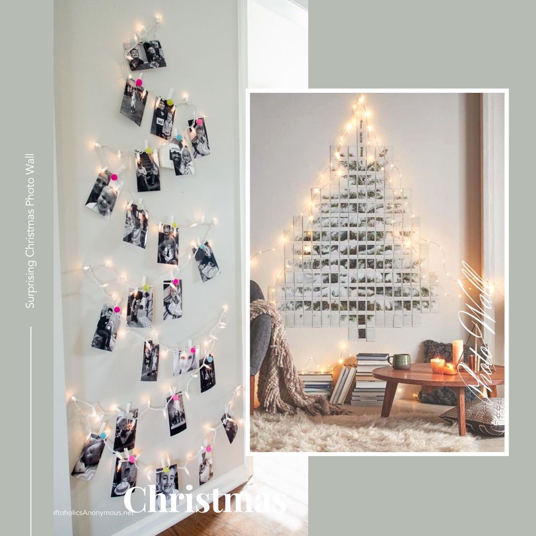 Two wall-mounted Christmas trees made of photos clipped to string lights. One smaller, one larger near a sofa.