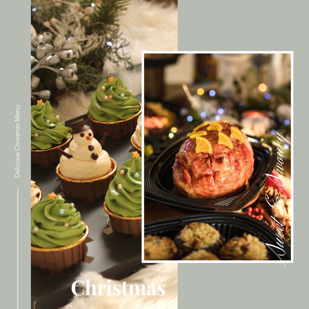 Christmas cupcakes and a dish, on a tray. Cupcakes are decorated with green frosting, one as a snowman.