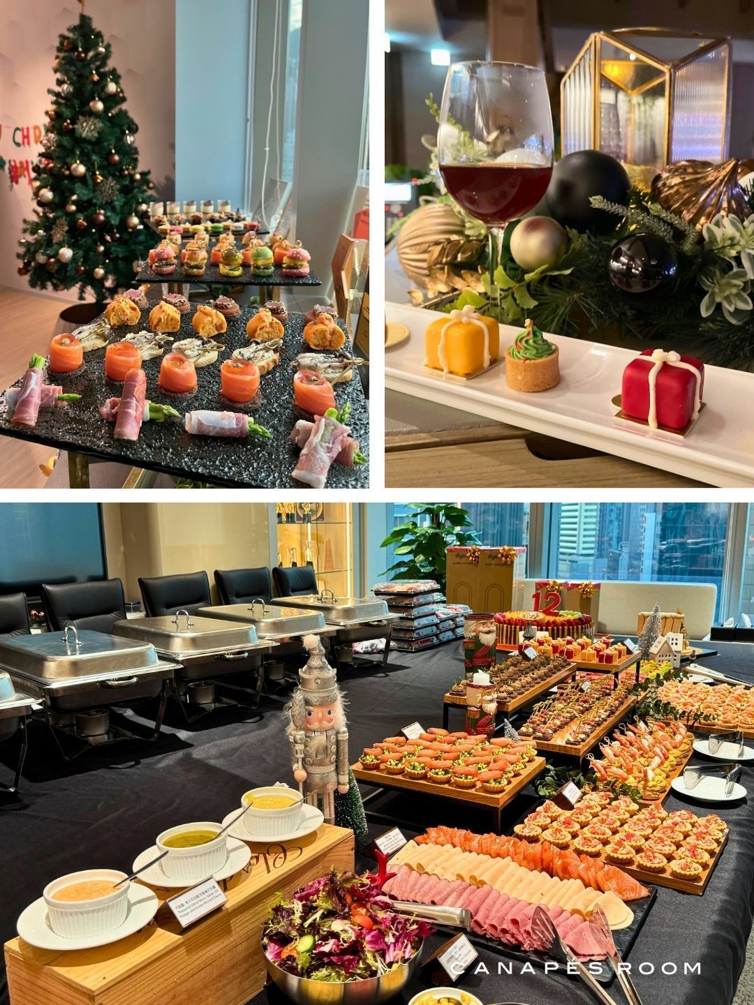 Buffet with holiday treats and wine. Christmas tree, food displays, and catered event setting.