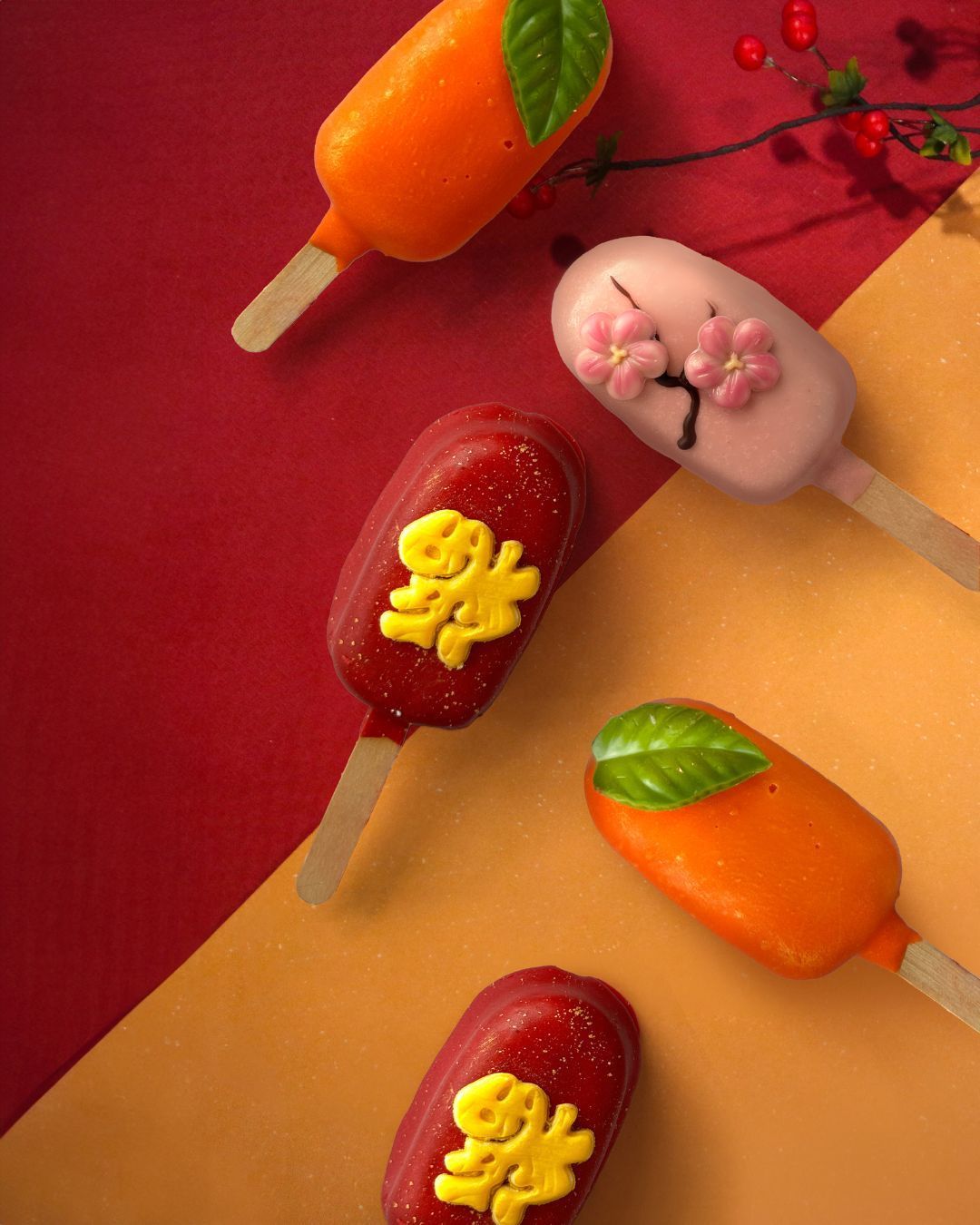 Colorful popsicle-shaped desserts with decorations. Red and orange hues on diagonal background.