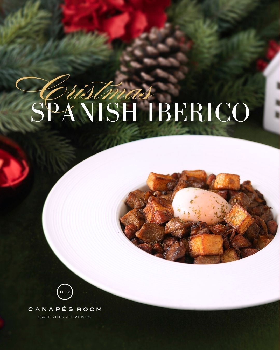 Christmas Spanish Iberico dish in a white bowl, festive holiday setting.