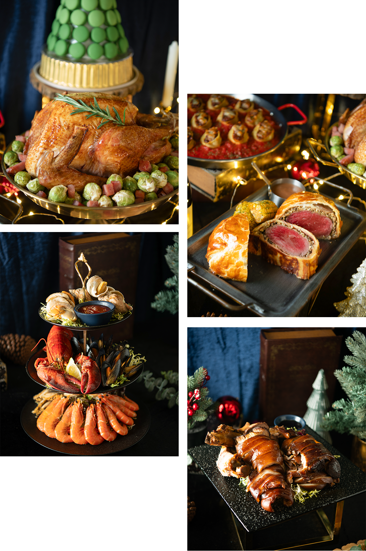 Festive holiday dishes: roast turkey, pastries, seafood tower, beef wellington, and glazed duck.