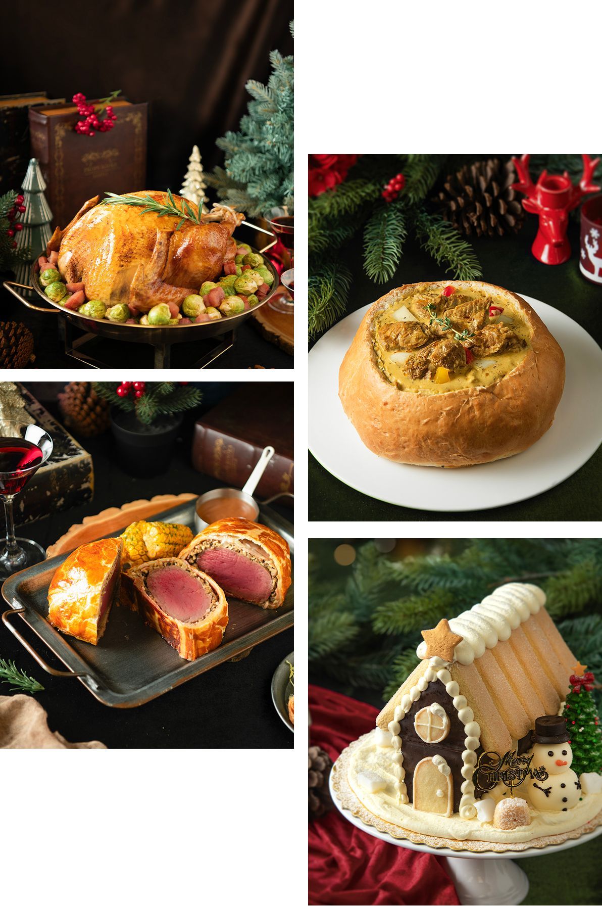 Christmas dishes: roast chicken, soup in bread bowl, beef wellington, gingerbread house. Festive decorations.