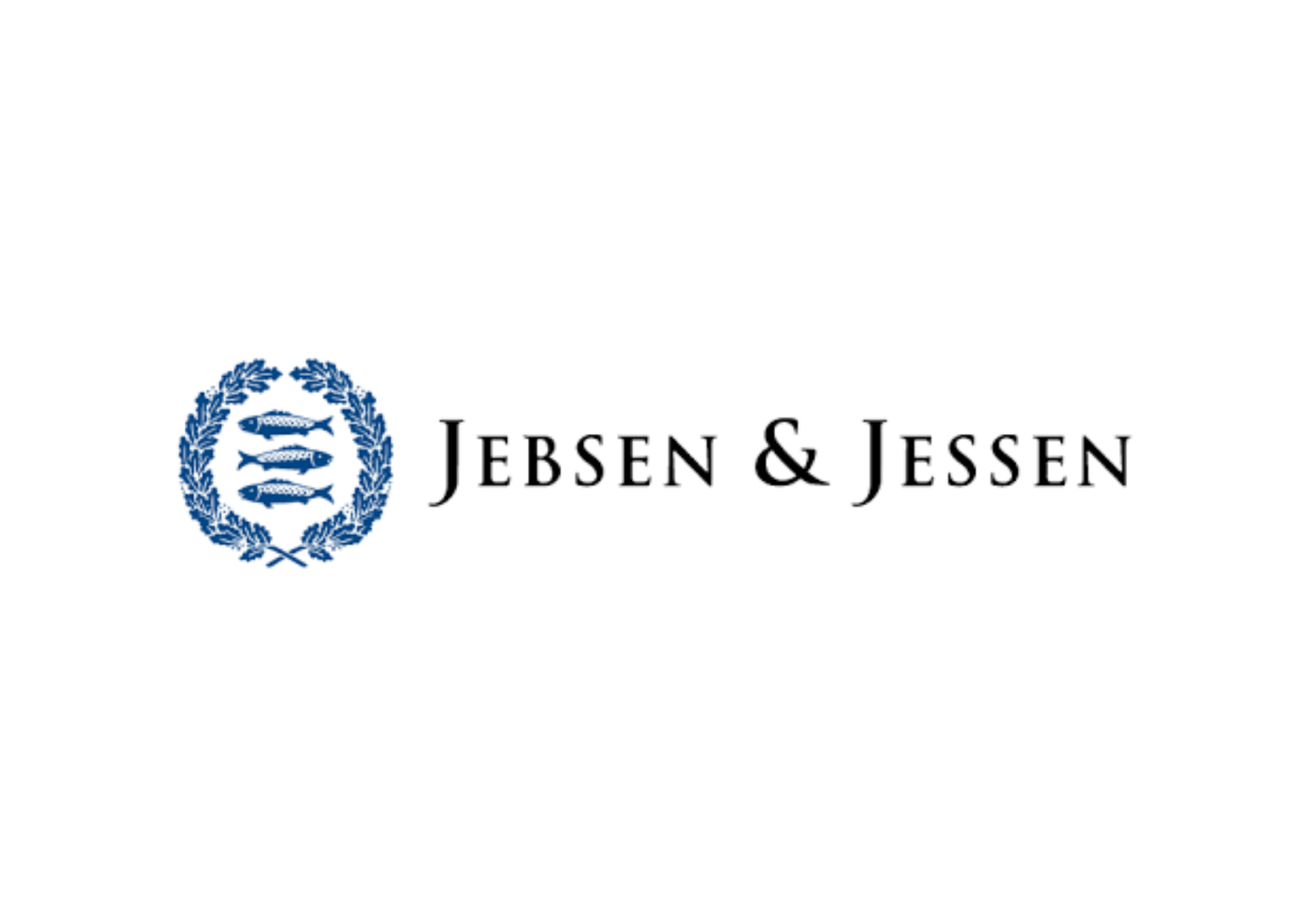 Logo of Jebsen & Jessen: blue emblem with three fish and text.