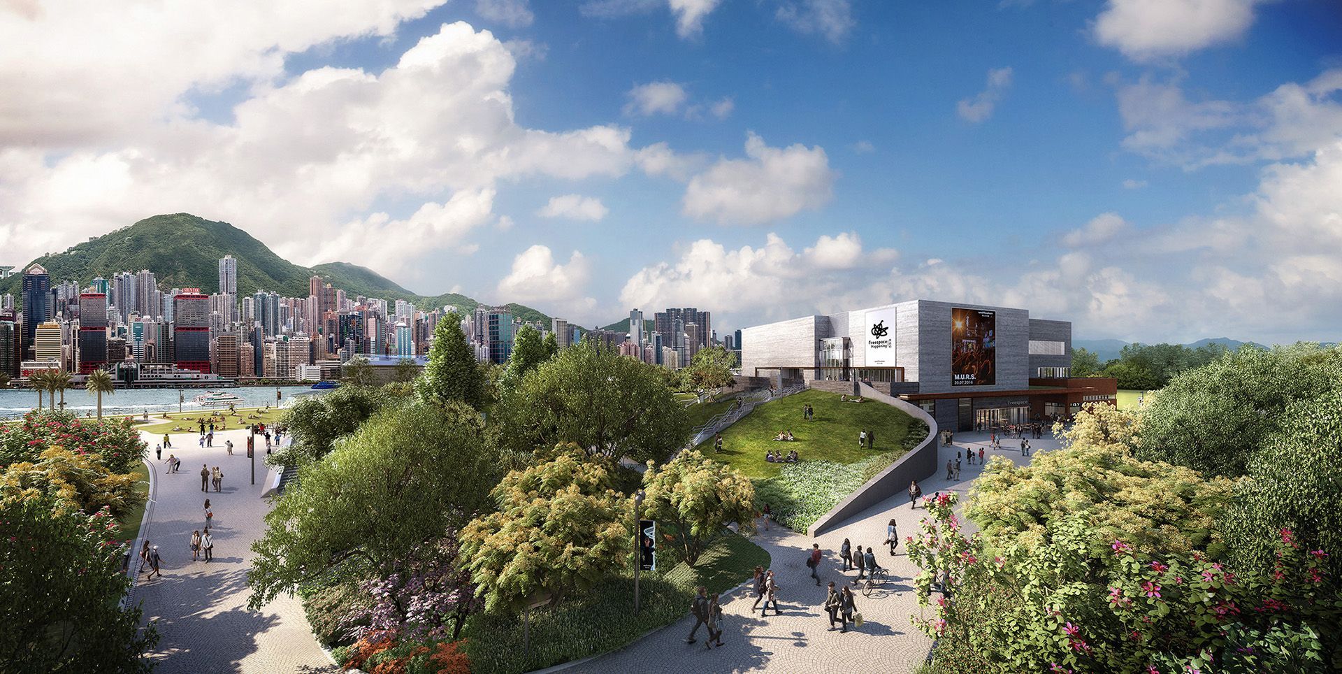 現代建築，擁有綠屋頂、城市天際線和建築前的綠色公園。