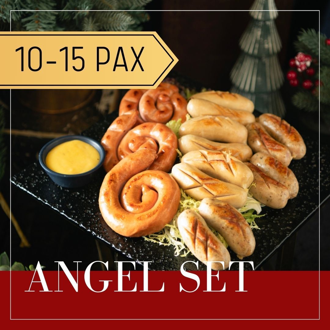 A food platter featuring various grilled sausages with a mustard dip. Text says 