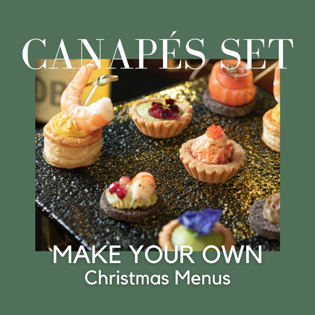 Canapés set with various toppings on a platter. Text says 