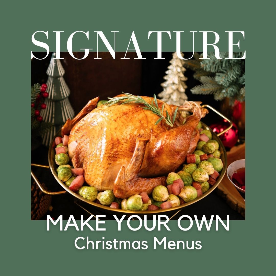 Roasted turkey on a bed of vegetables, promoting 