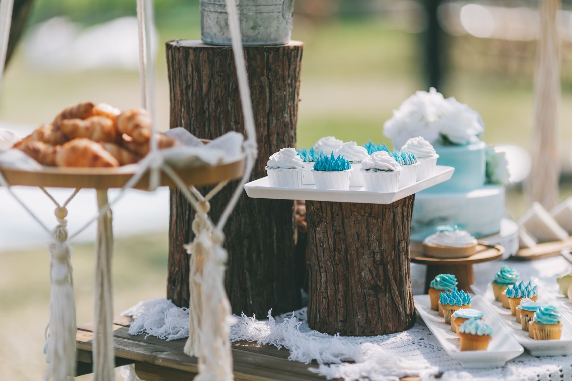 Dessert table with pastries, cupcakes, and cake on wooden stands, outdoors. White and teal frosting, sunny day.