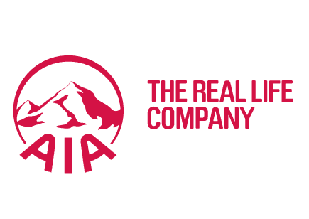 AIA 標誌：圓圈內為紅色山峰，下方為“AIA”，右側為“The Real Life Company”。