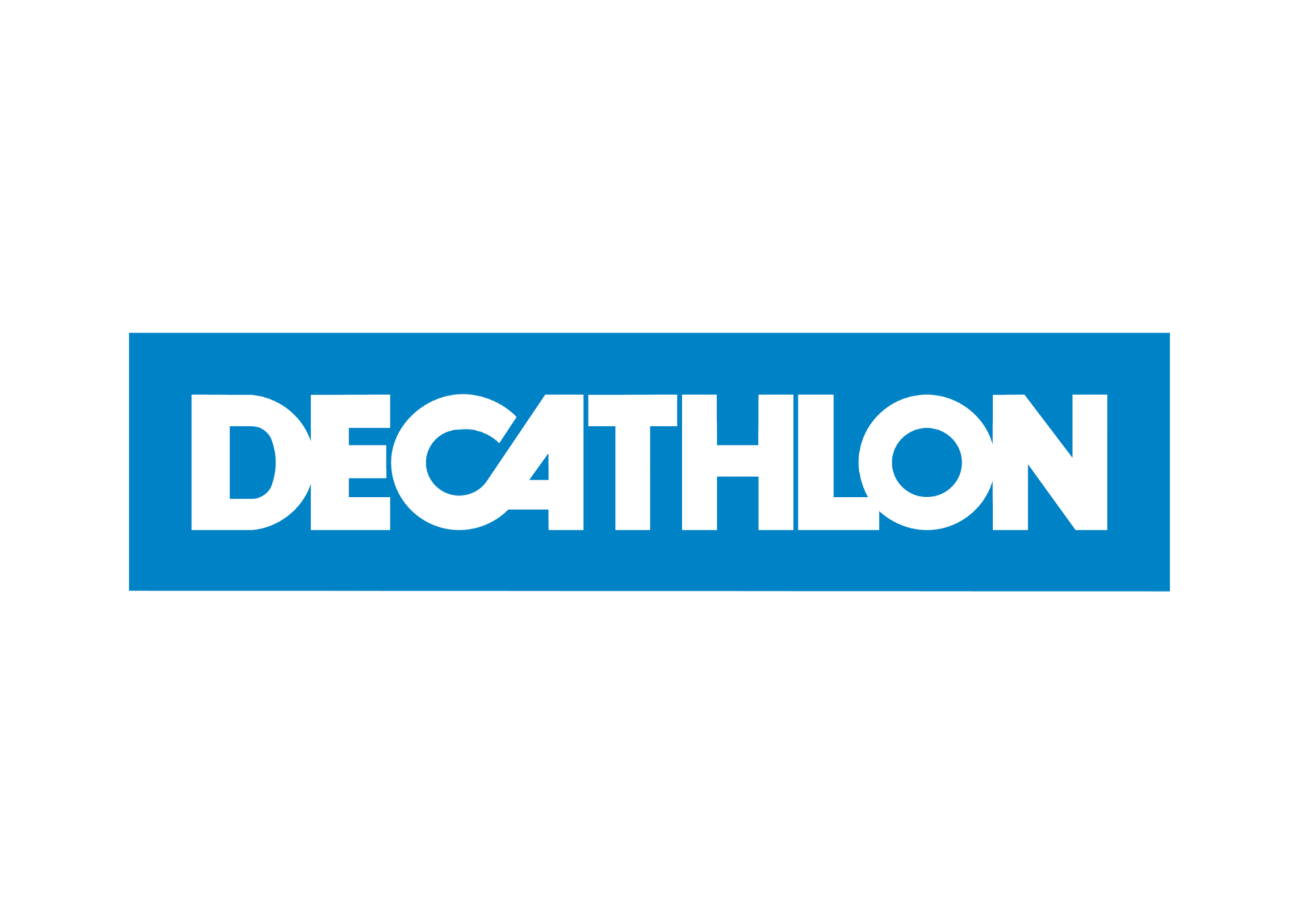 Decathlon logo in white text on a blue rectangular background.
