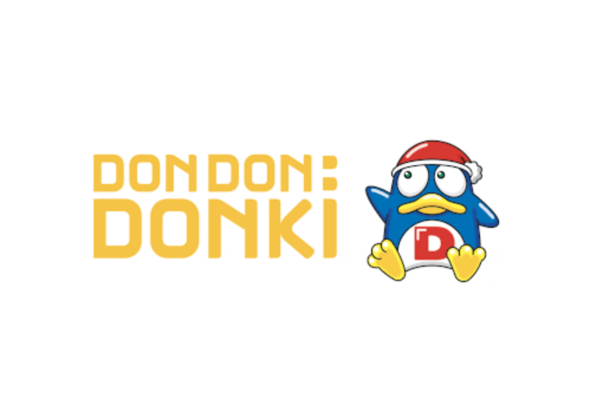 Don Don Donki logo with yellow text and a blue penguin mascot wearing a Santa hat.