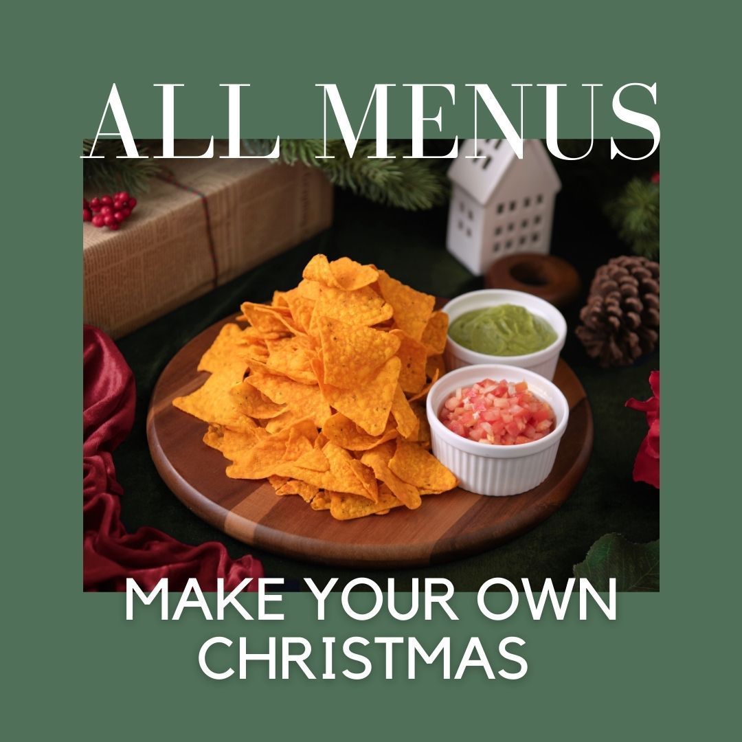Nachos with dips, a gift, and a house figurine with text 