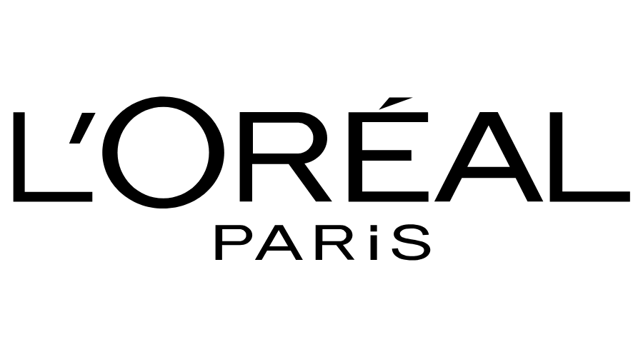 巴黎歐萊雅標誌，黑色文字。 「L'ORÉAL」位於「PARIS」上方。