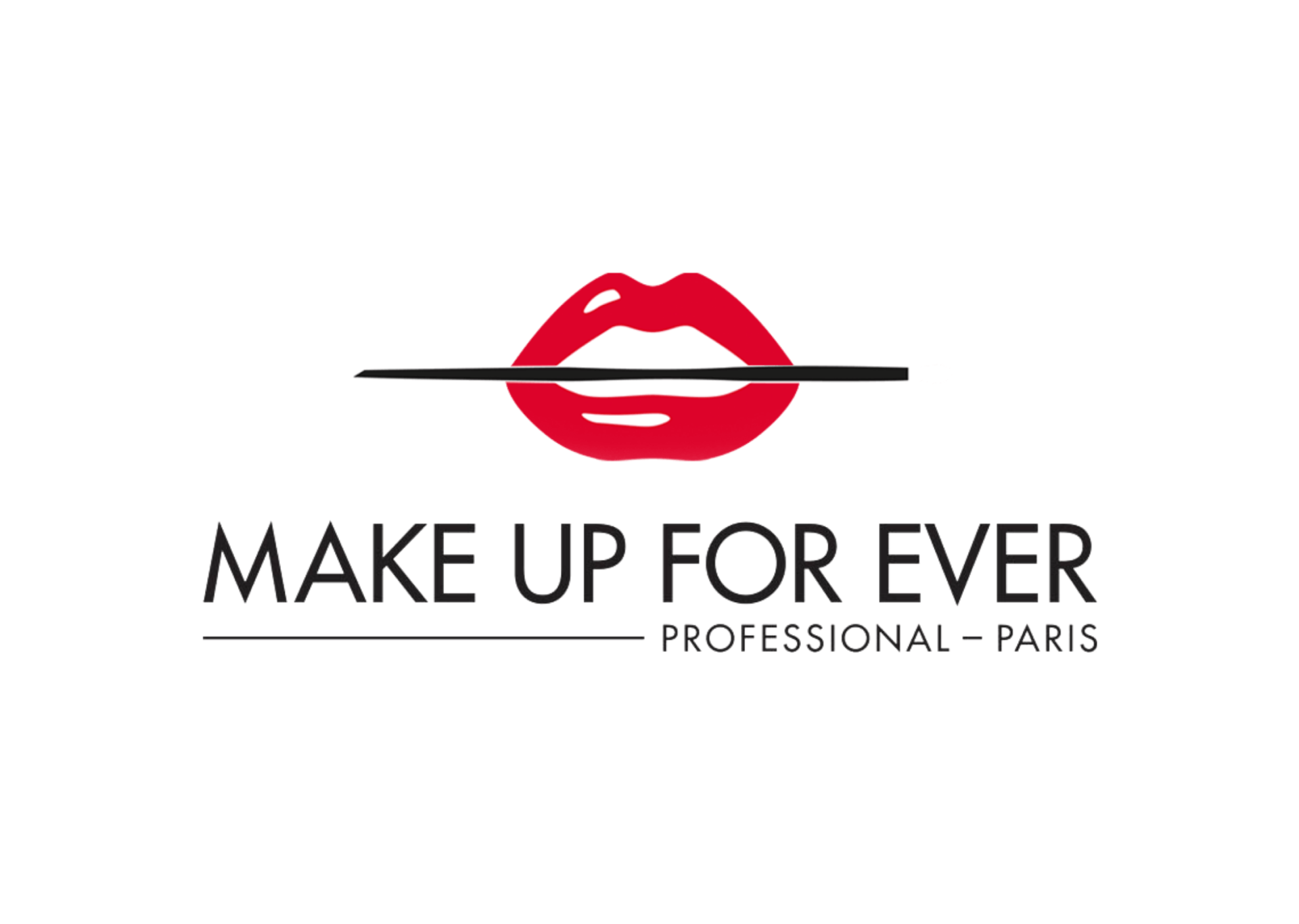 MAKE UP FOR EVER logo: red lips with a black line, brand name, and