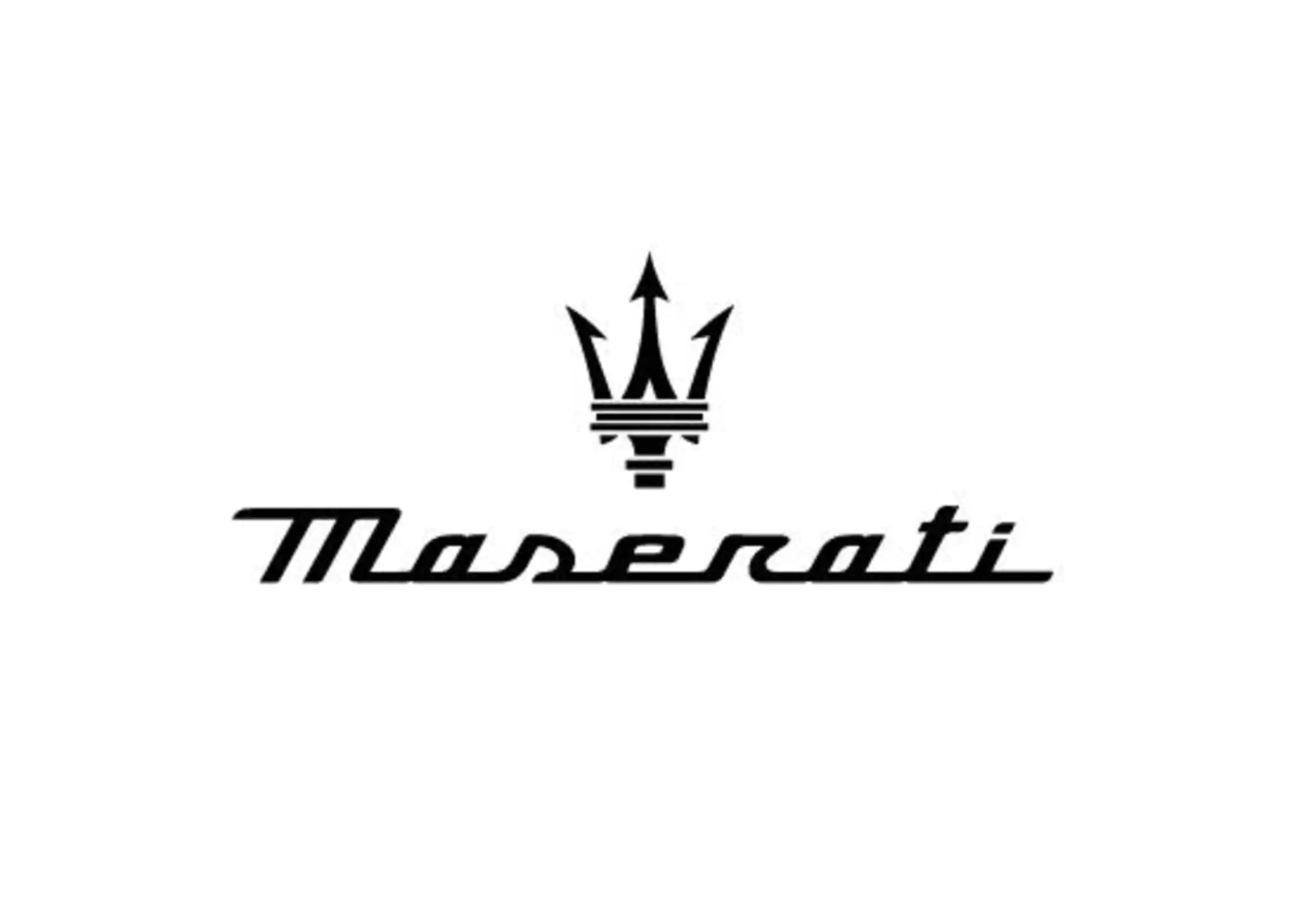 Maserati logo with a trident emblem over the brand name in black on a white background.