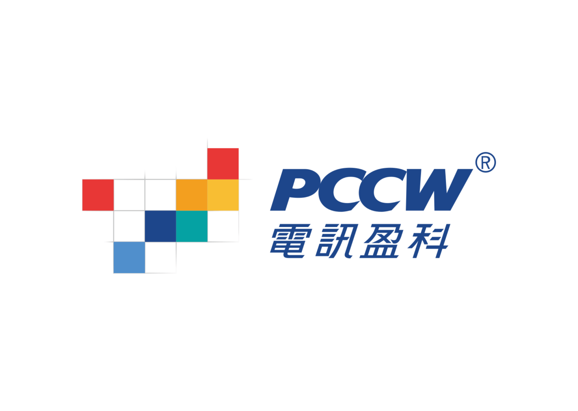 PCCW logo: A blue wordmark with Chinese characters next to an abstract square design in multiple colors.