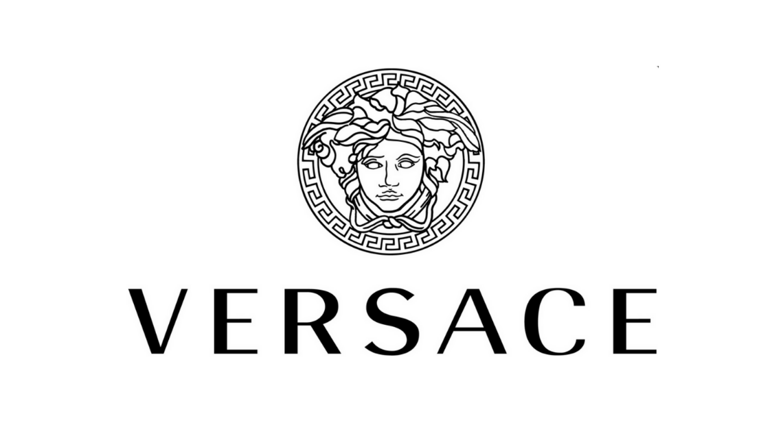 Versace logo: Medusa head within a circular frame, above the brand name.