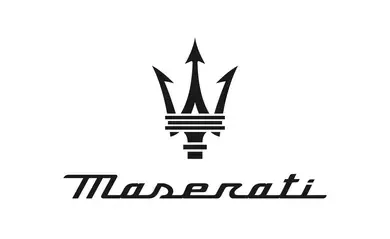 瑪莎拉蒂標誌：黑色三叉戟徽章，上方為草書字體的「Maserati」字樣。
