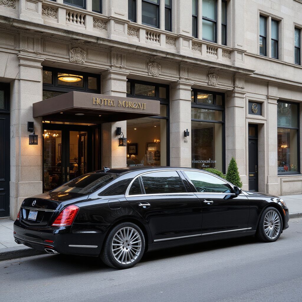 Black luxury car parked in front of a hotel entrance with a brown awning.