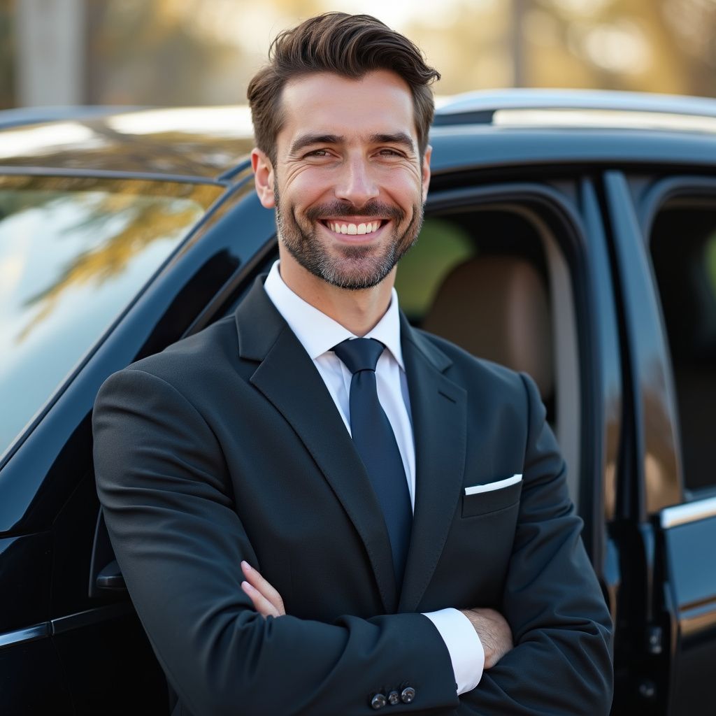 Man in suit smiles, arms crossed, leaning against black car door.