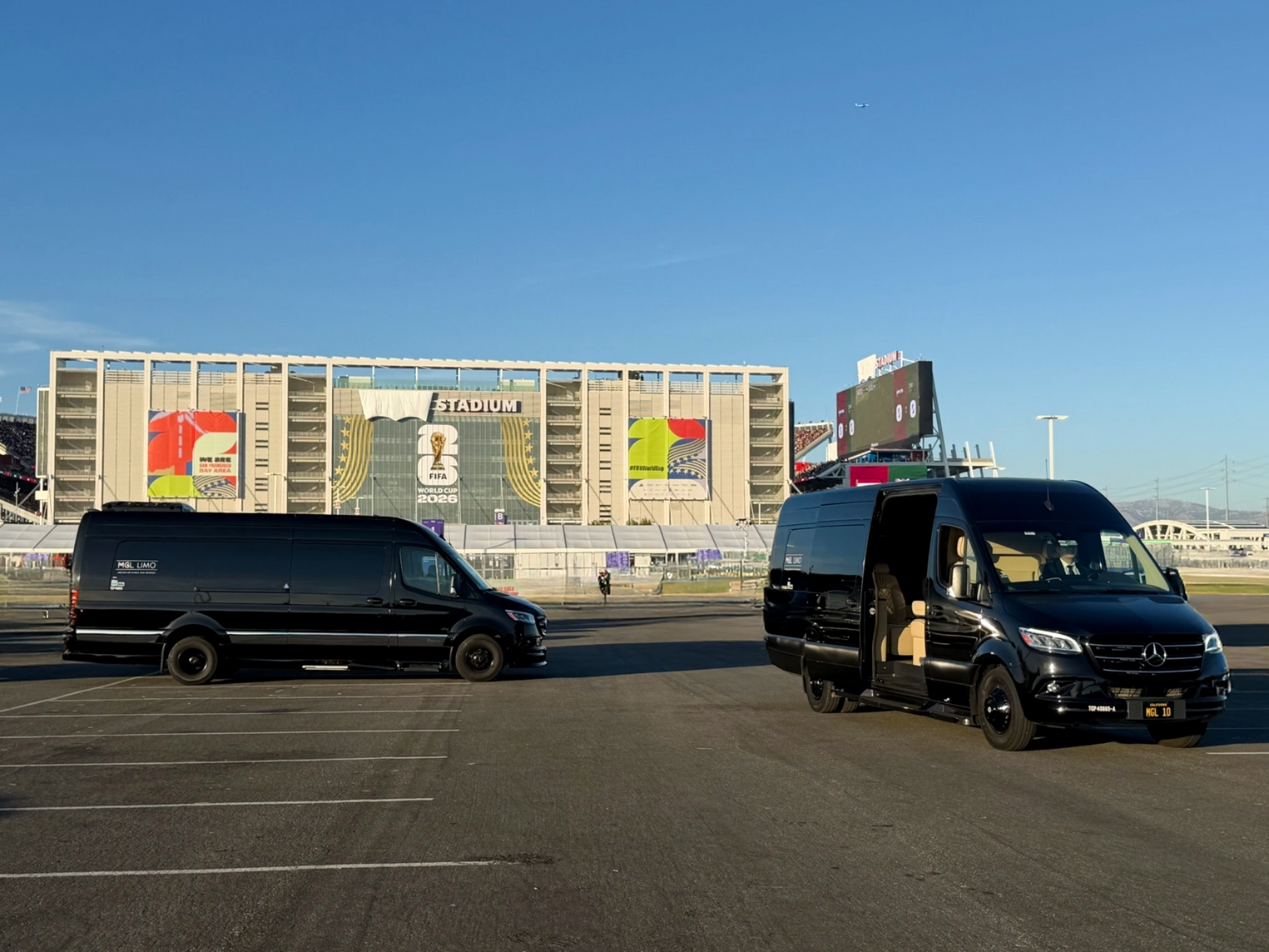 MGL Limo staged near Levi’s Stadium for World Cup event transportation in Santa Clara.