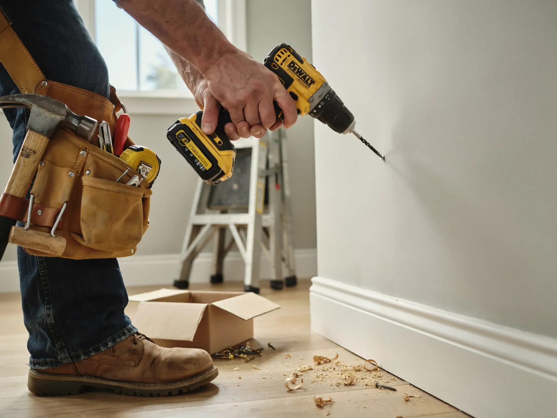 Tradesperson drilling into a white wall beside a baseboard, with tools on a hardwood floor and a toolbox nearby