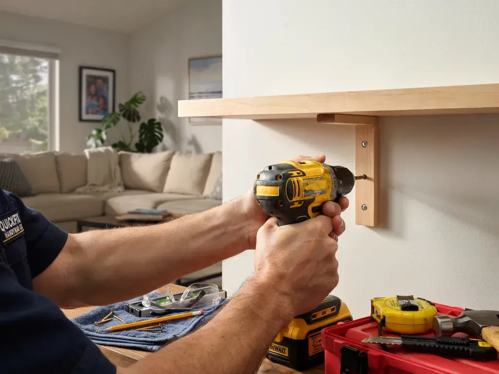 Person using a yellow drill to fasten a wooden shelf in a living room