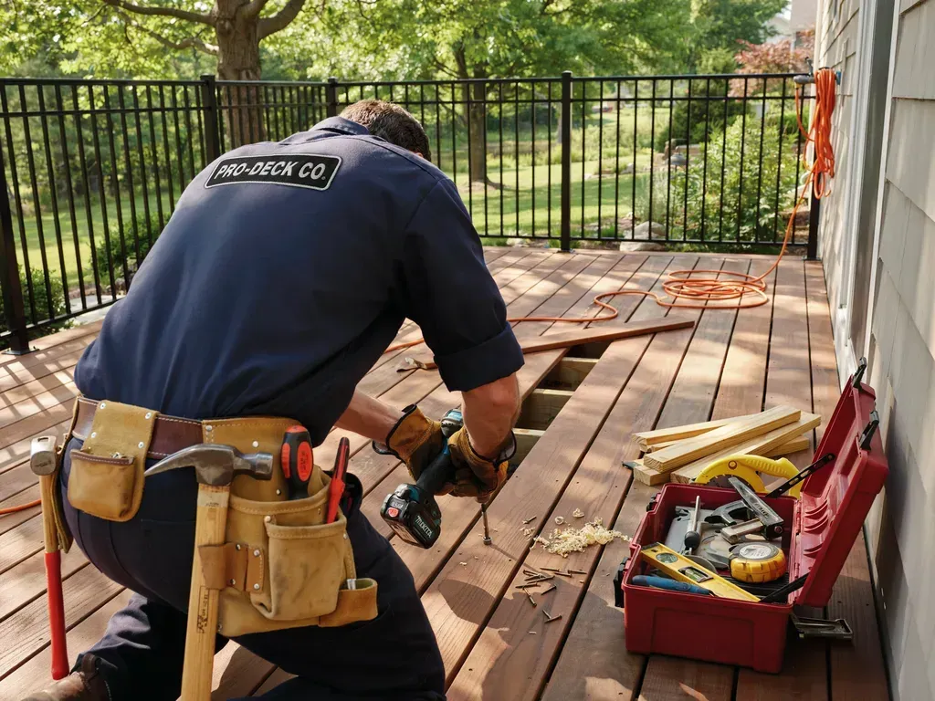 Worker kneels on a wooden deck, using a power drill beside a red toolbox and fence.