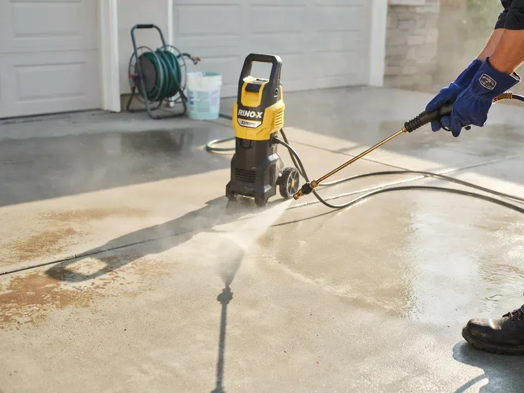 Person pressure-washes a driveway with a yellow washer, spraying water and grime near a garage.
