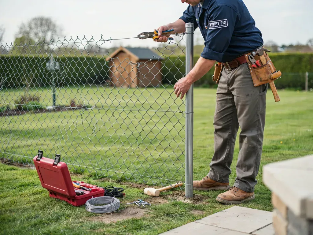 Person installing a fence post with a power drill beside a red toolbox in a grassy yard