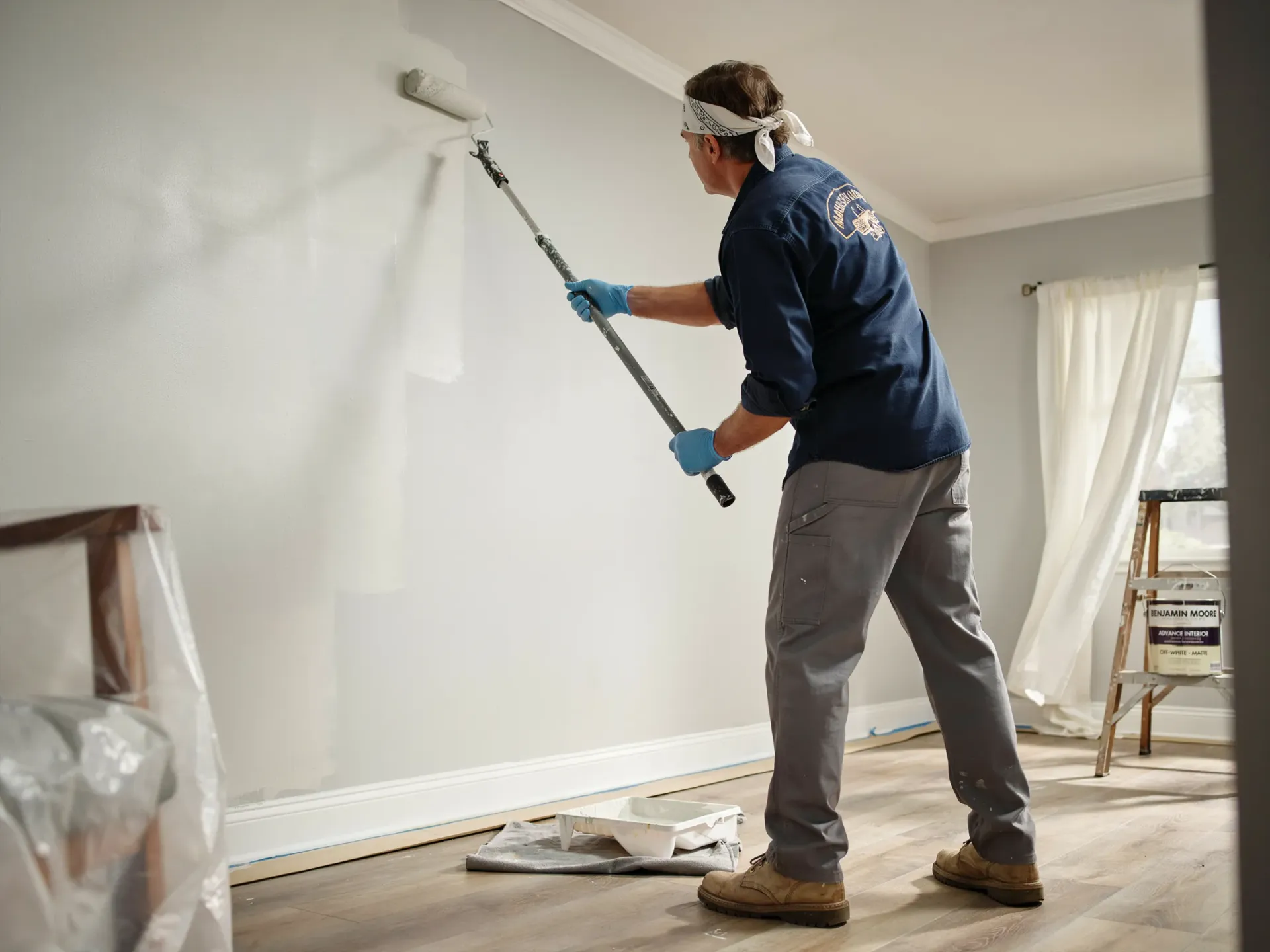 Person painting a white wall with a roller in a bright room under renovation