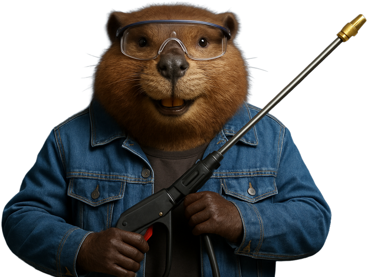 A beaver wearing a denim jacket and goggles is holding a sprayer