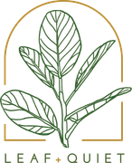 Green botanical logo with leaves inside a gold arch and the words “LEAF + QUIET” below