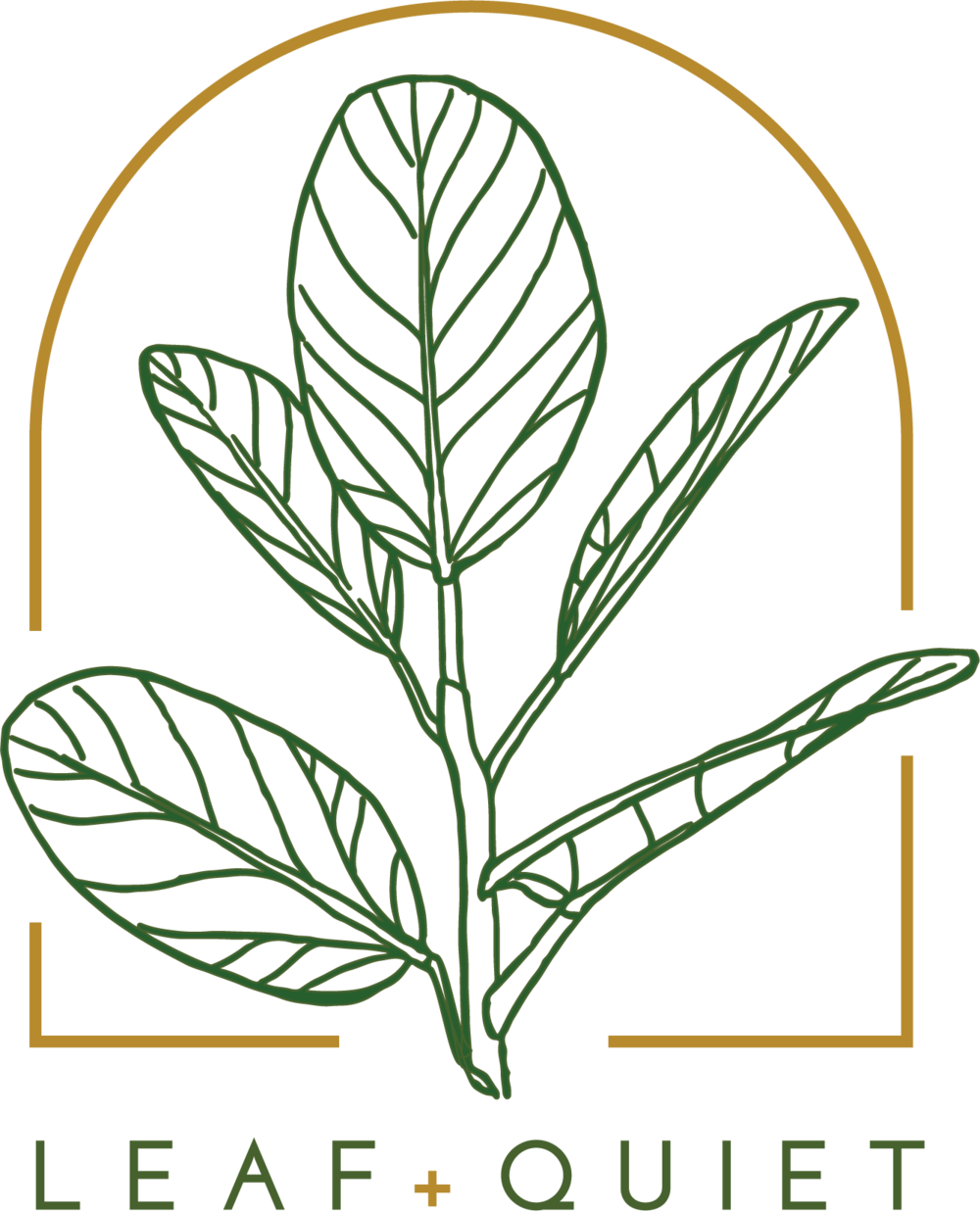 Green botanical logo with leaves inside a gold arch and the words “LEAF + QUIET” below