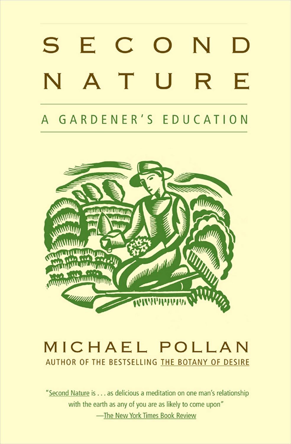 Book cover of Second Nature: A Gardener’s Education by Michael Pollan, with green plant illustration on cream background